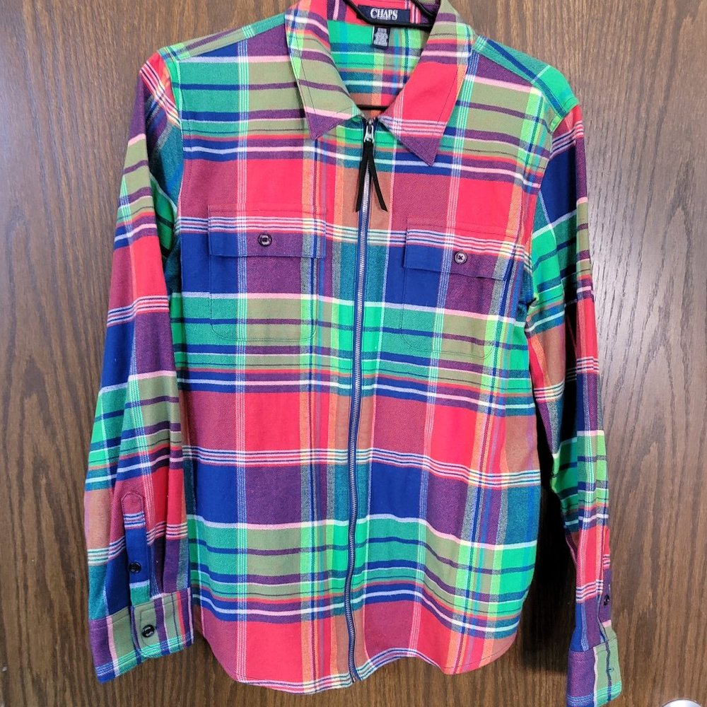 NWOT Chaps Ralph Lauren Plaid Zip Up Shacket Top Bold Colored Plaid Size Medium
